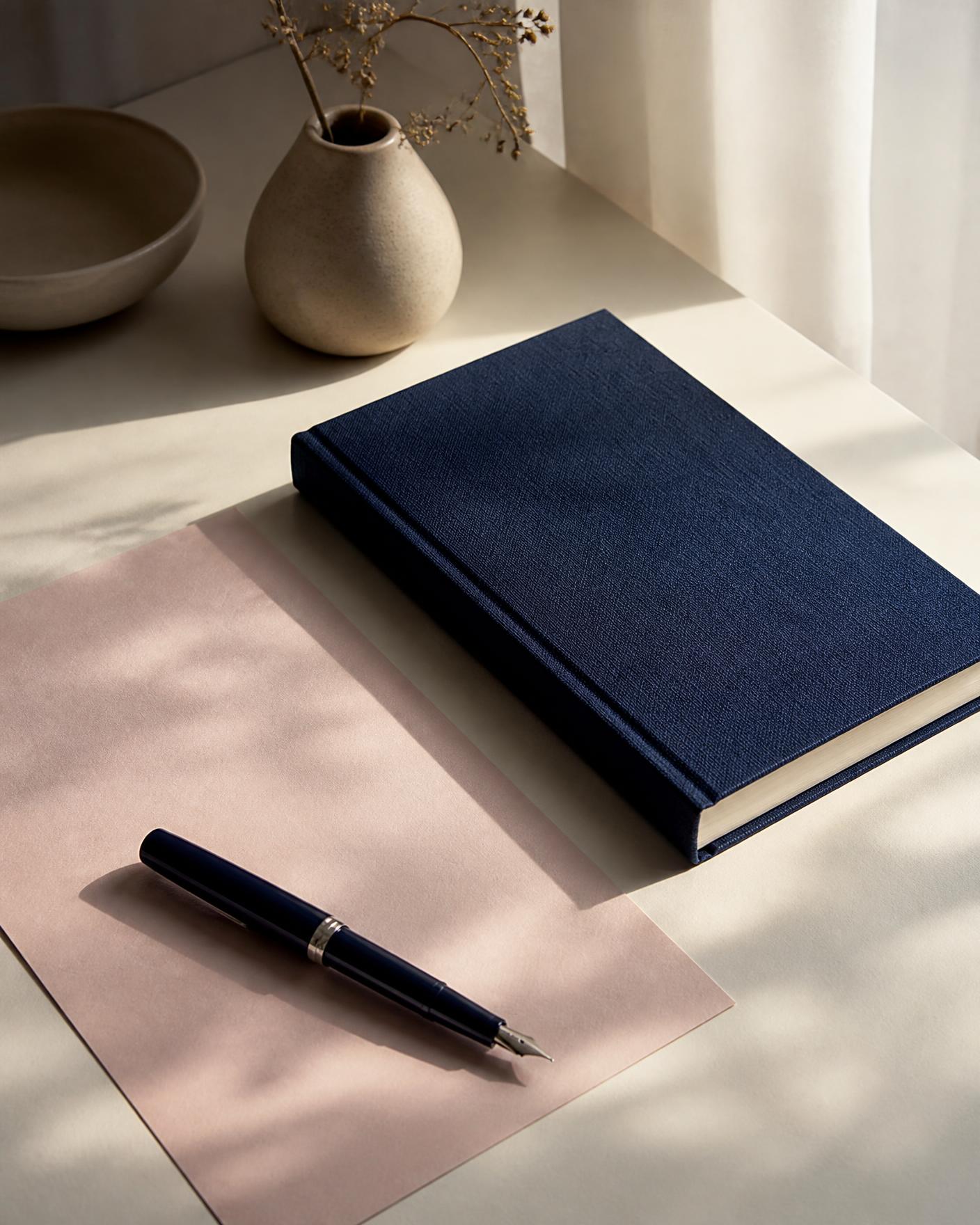 A navy notebook and fountain pen resting on blush paper in soft daylight